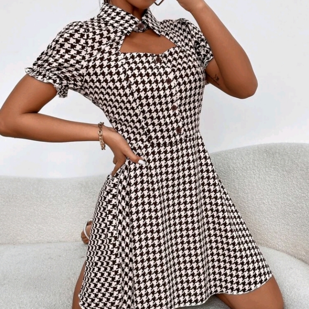 NEW Houndstooth Choker Lapel Neck Puff sleeve dress - Picture 2 of 4